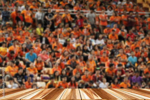 Fototapeta Perspective wood and Empty top wooden shelves of Soccer fans in