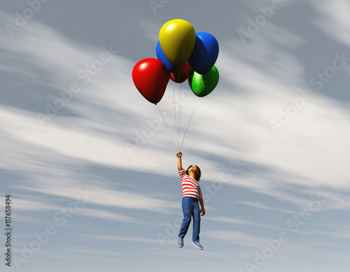 Niño volando con globos