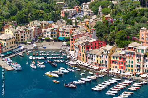 Fototapeta Naklejka Na Ścianę i Meble -  Aerial panoramic view of picturesque harbour of Portofino fishing village on the Italian Riviera, Liguria, Italy.