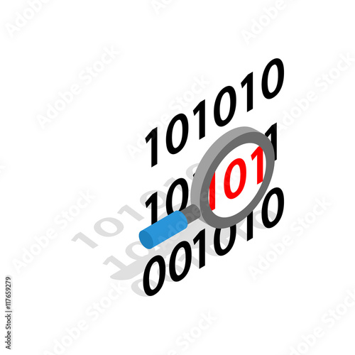 Binary code and magnifying glass icon in isometric 3d style on a white background