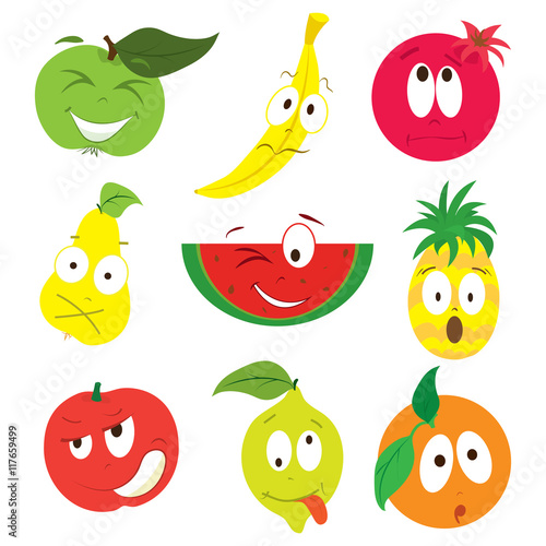 Fototapeta Naklejka Na Ścianę i Meble -  Cartoon apple, banana, pomegranate, pear, watermelon, pineapple, peach, lemon, orange