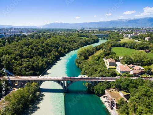 фотографія Aerial view of Arve an Rhone river confluent in  Geneva Switzerl