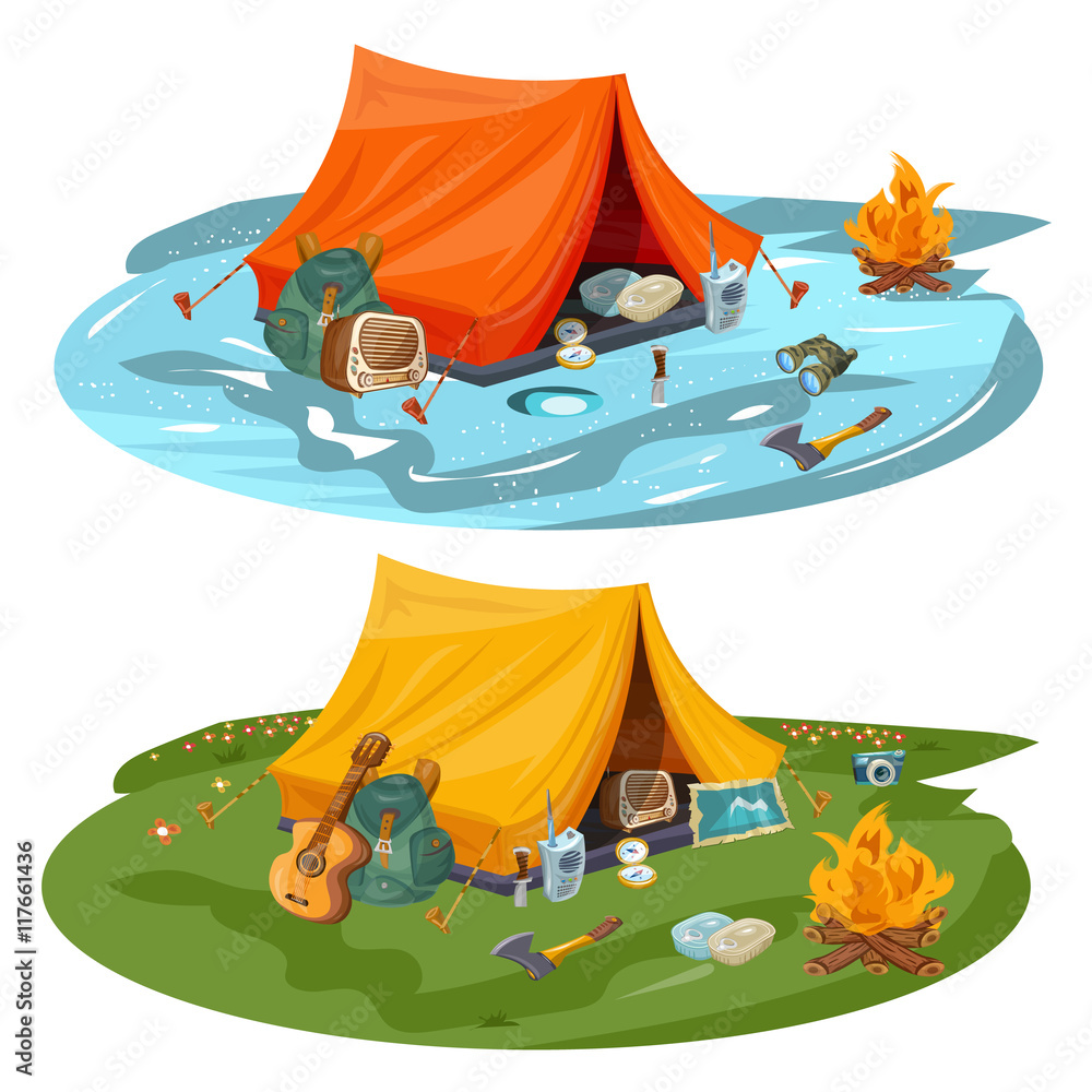 Vektorová grafika „Camping hiking and outdoor recreation cartoon vector“ ze  služby Stock | Adobe Stock