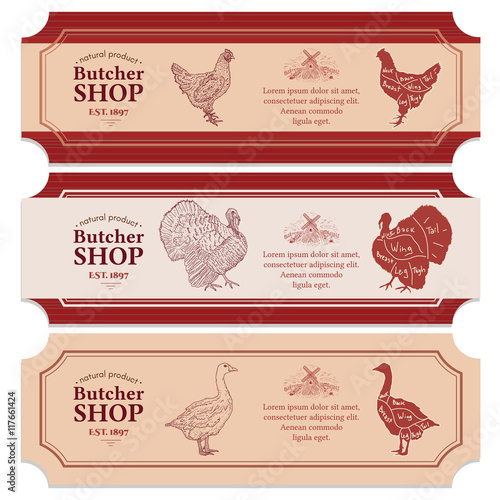 Butcher shop labels meat chicken goose turkey vector banners