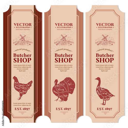 Meat chicken goose turkey butcher shop labels vector banners