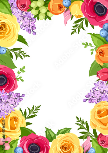 Vector background with red, pink, orange yellow and purple roses, anemones and lilac flowers and green leaves.