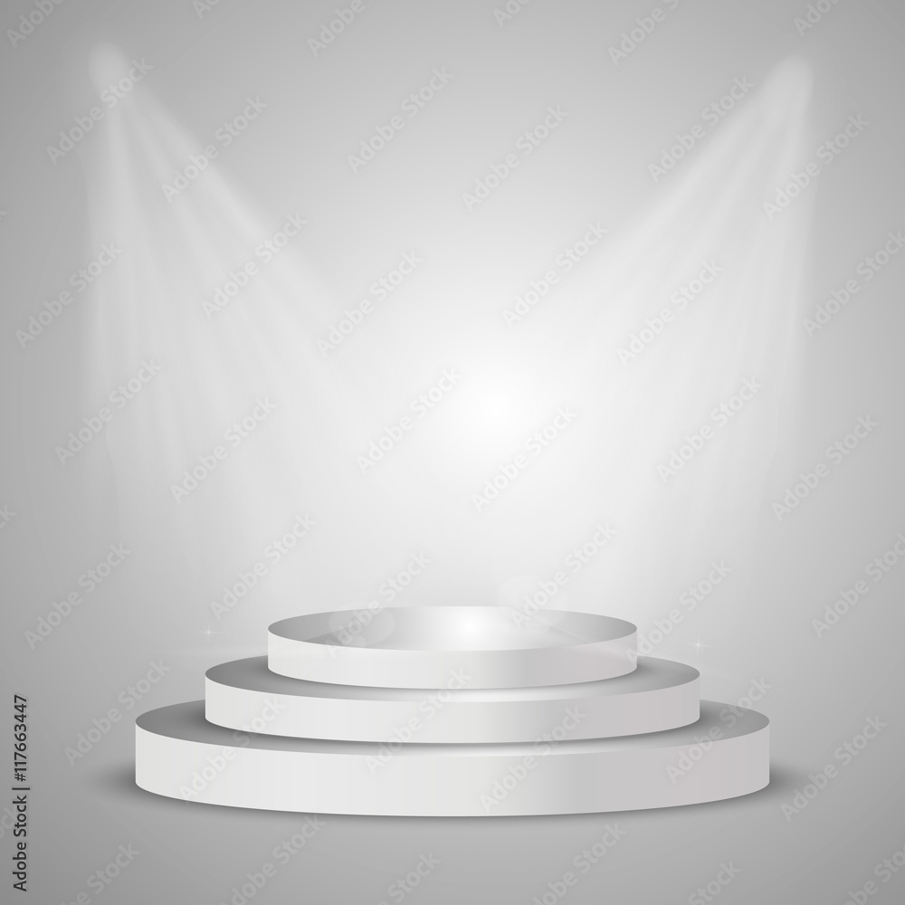 Fototapeta premium Illuminated round white stage podium, pedestal. Vector illustration.