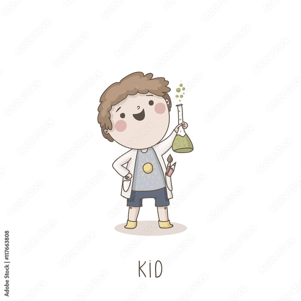 Kids activity vector illustration. Cute boy with chemical flask Kids activity vector illustration. Cute boy with chemical flask