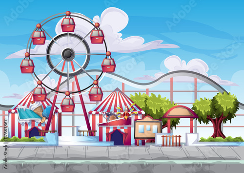 Cartoon vector amusement park with separated layers for game and animation, game design asset