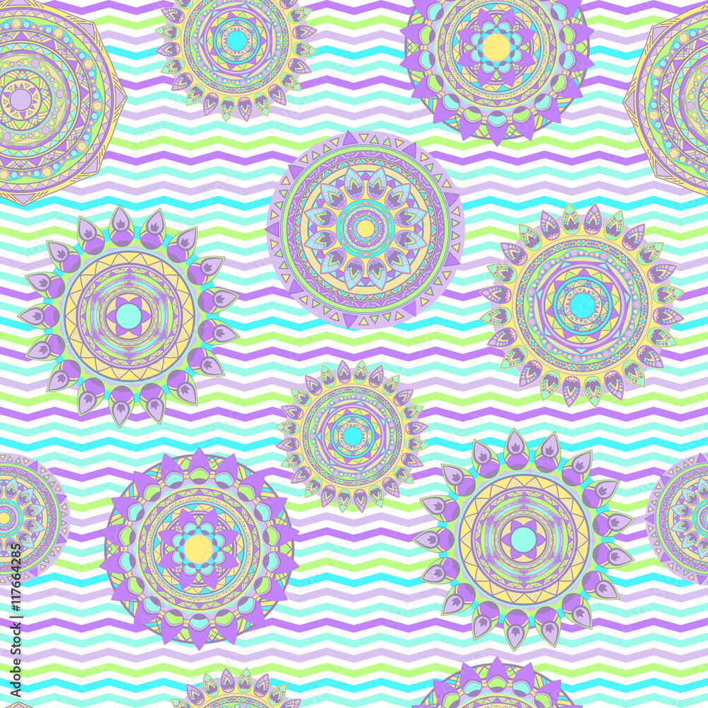 mandala and chevron seamless vector patterns lilac colored