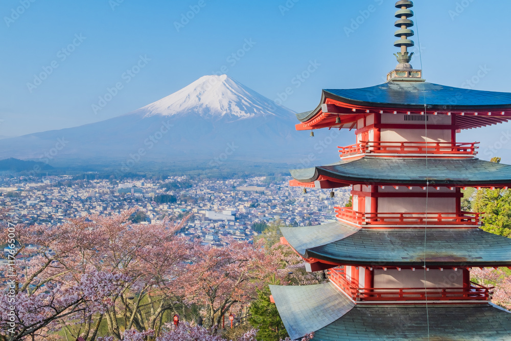 Mount Fuji and Chureito Pagoda with cherry blossom sakura in spr