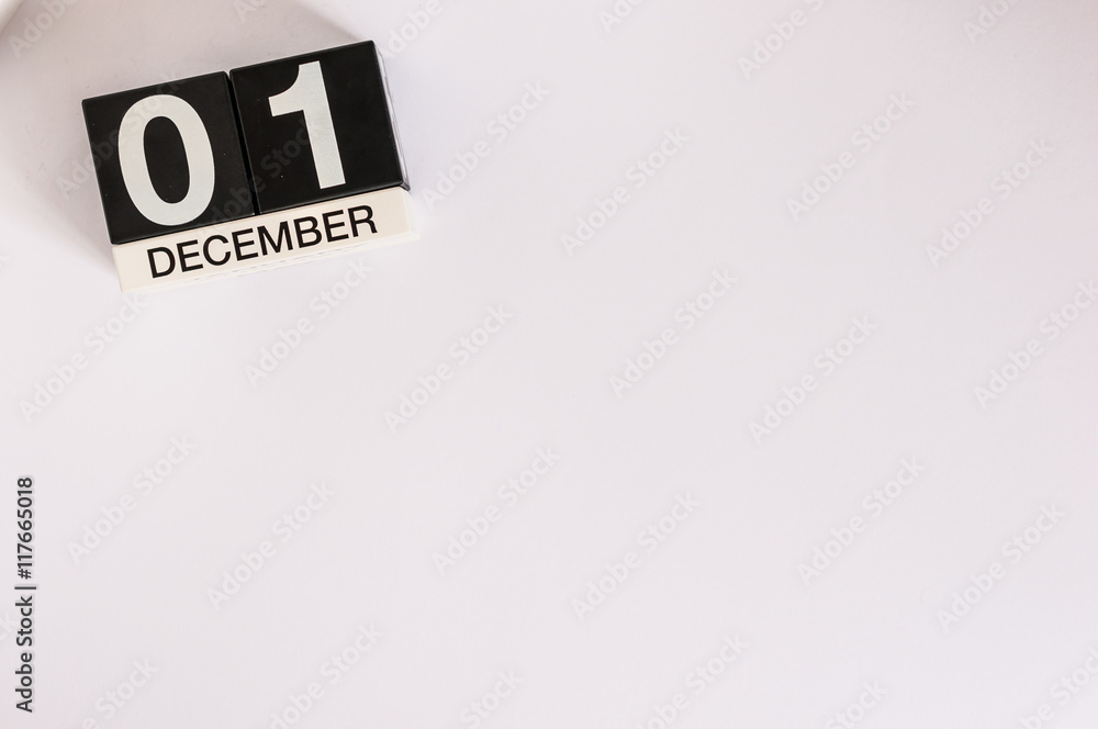 December 1st. Day 1 of month, calendar on white background. Winter time