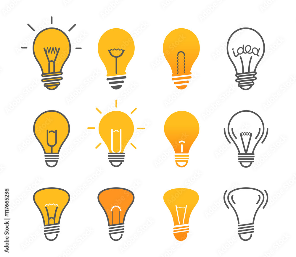 Different light bulb isolated on white vector illustration set. - obrazy, fototapety, plakaty 