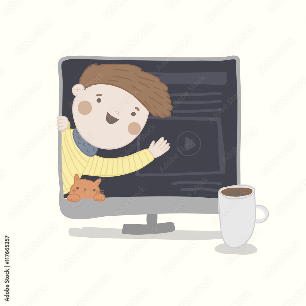 Cute desktop with character in it. Video blogger vector illustration. Cute desktop with character in it. Video blogger vector illustration.