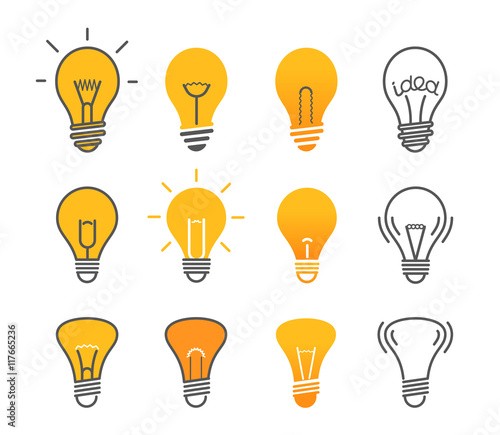 Different light bulb isolated on white vector illustration set.