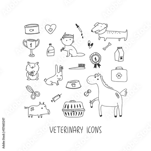 Veterinary hand drawn icon set