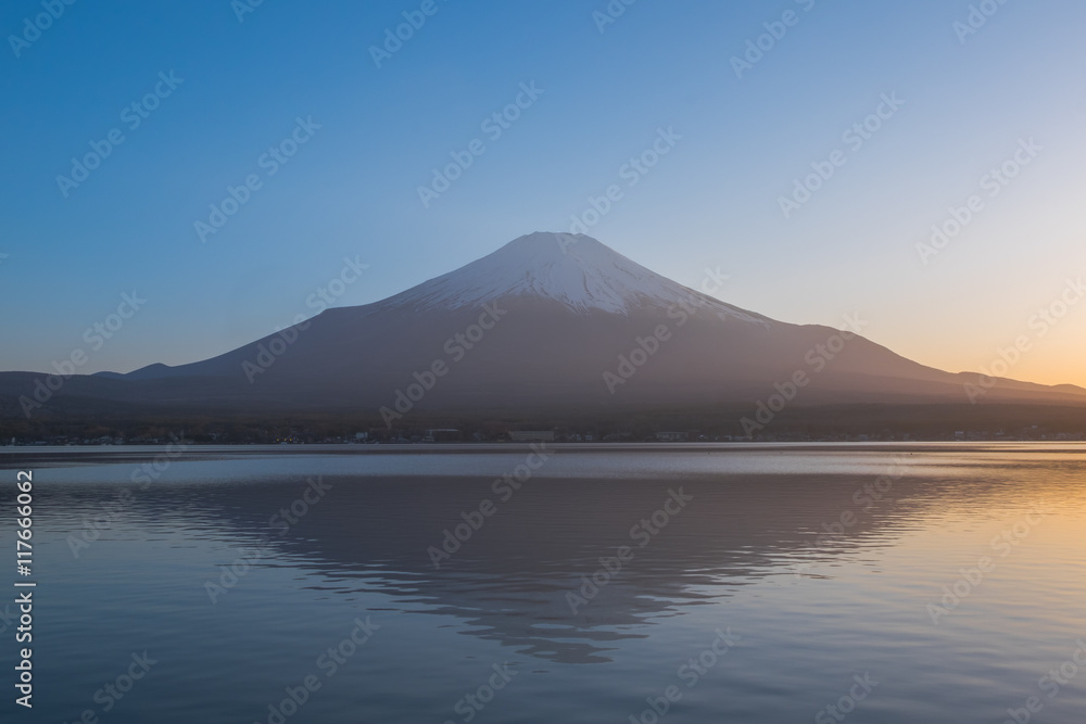 Mount Fuji from lake Yamanaka during sunset in spring