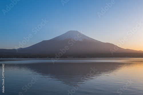 Mount Fuji from lake Yamanaka during sunset in spring