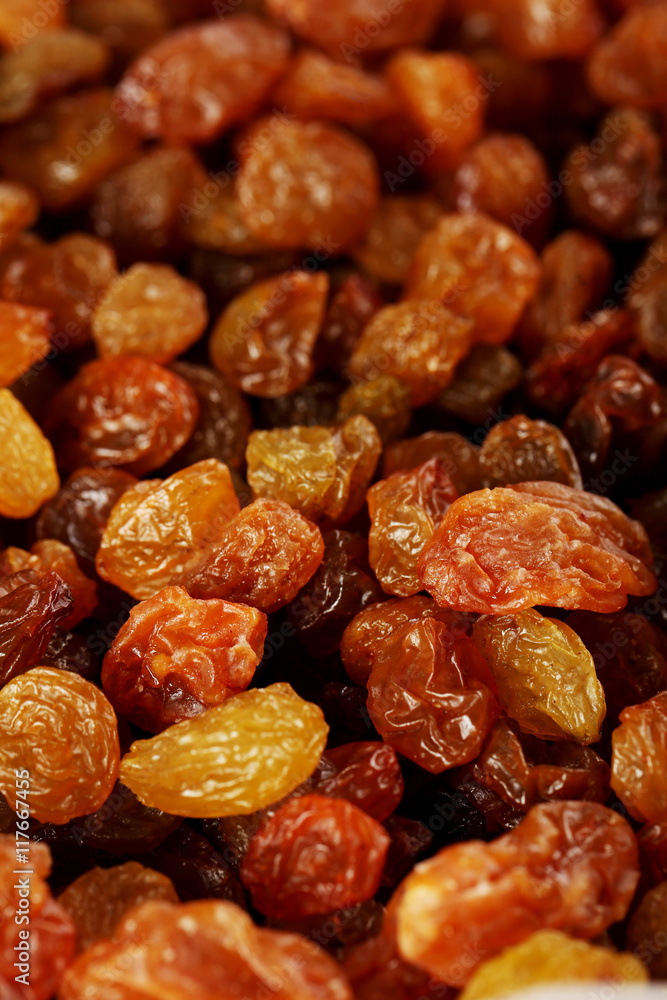 Dried raisins background, on close up