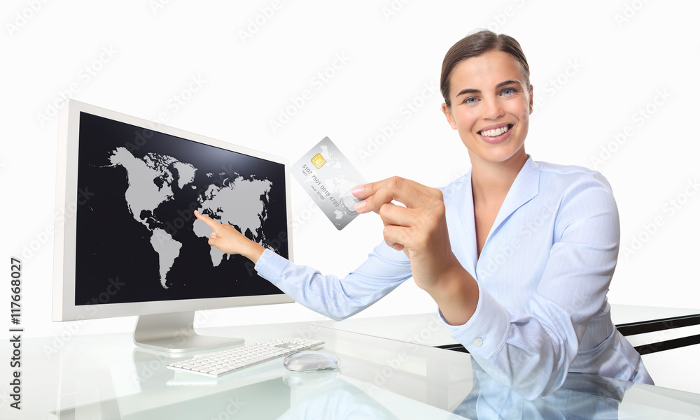 online shopping smiling woman with credit card in office at desk online shopping smiling woman with credit card in office at desk