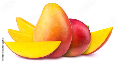 Two whole Mangoes with four slices isolated on white background, with clippimg path