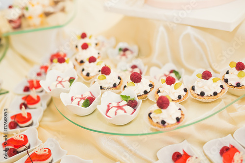 Delicious wedding reception candy bar dessert table