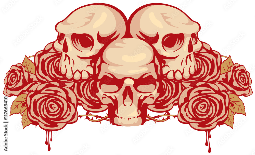 emblem with three human skulls and rose - obrazy, fototapety, plakaty 