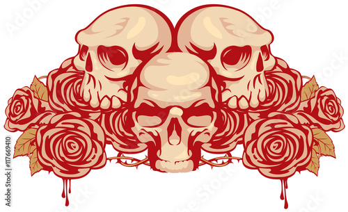 emblem with three human skulls and rose