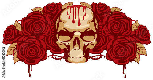 emblem with human skull and rose and a drop of blood