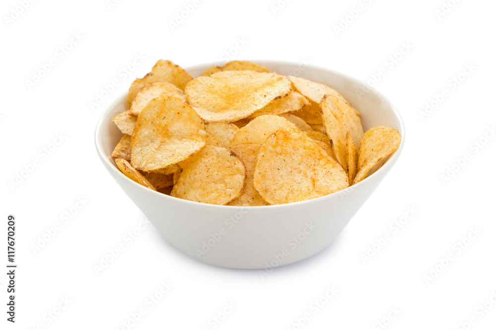 White round bowl full of potato chips, isolated on white background. White round bowl full of potato chips, isolated on white background.