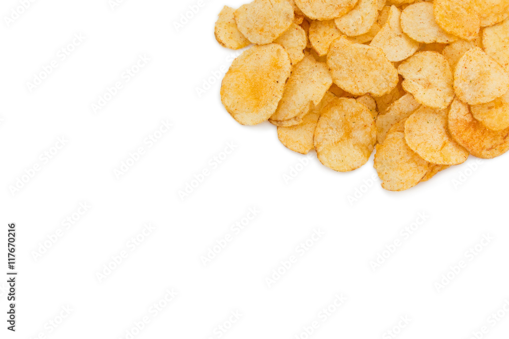 Potato chips isolated on white background, viewed from above. Copy space. Potato chips isolated on white background, viewed from above. Copy space.