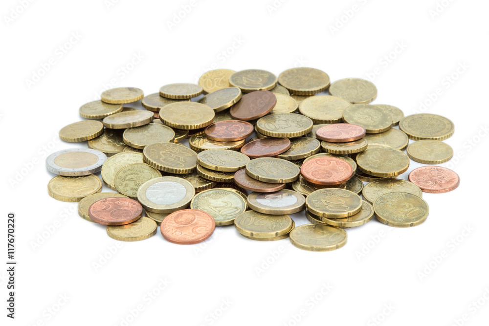 Heap of different Euro coins isolated on white background. Heap of different Euro coins isolated on white background.