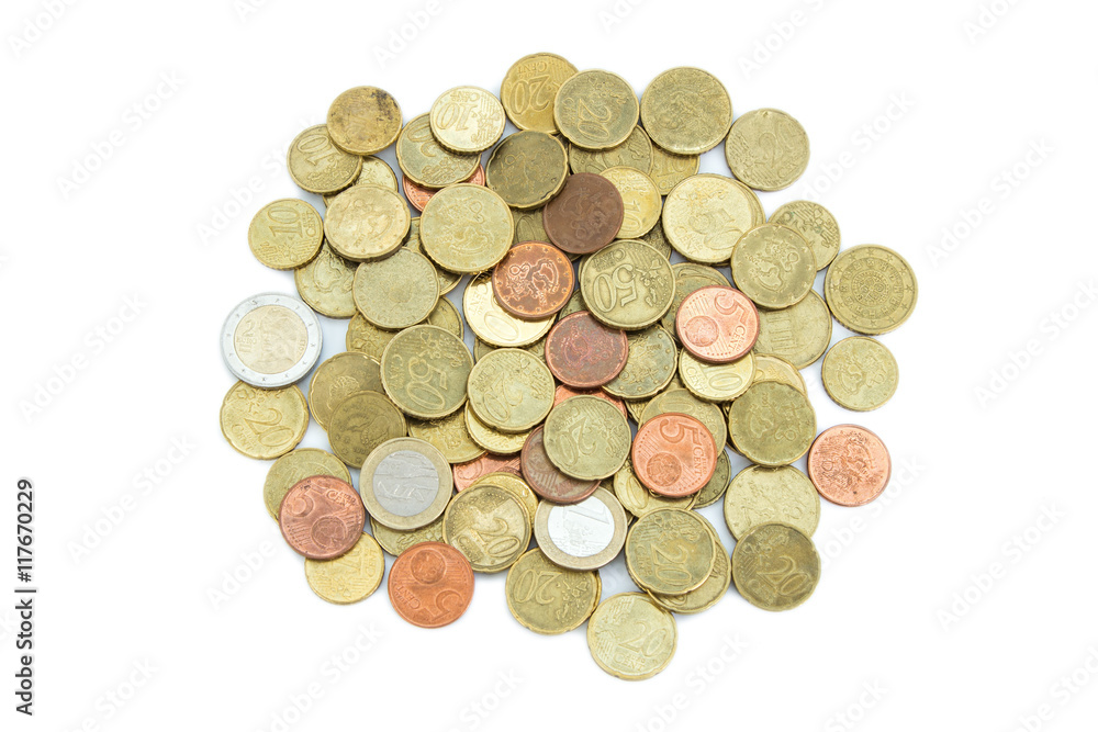 Heap of different Euro coins isolated on white background, viewed from above. Heap of different Euro coins isolated on white background, viewed from above.