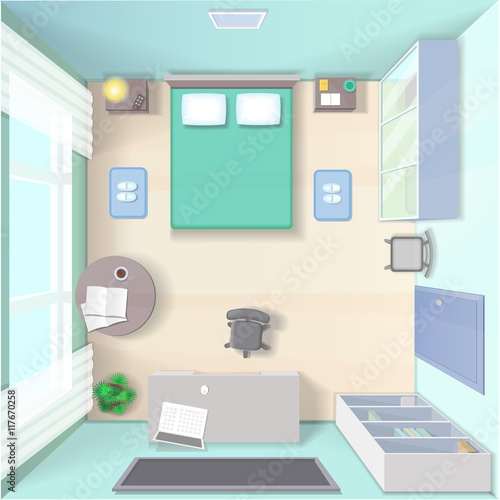 Bedroom interior design with bed, wardrobe, workplace with computer and table top view realistic modern living room vector illustration