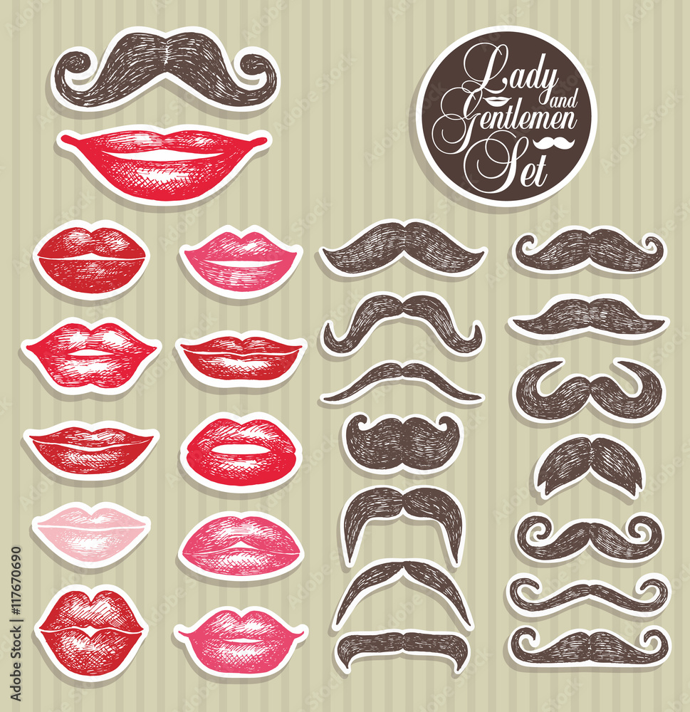 Stickers collection of mustaches and lips. Vector illustration o Stickers collection of mustaches and lips. Vector illustration o