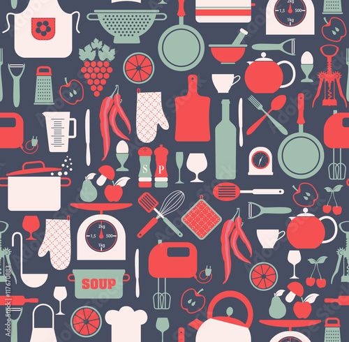 Seamless pattern of kitchen on blue