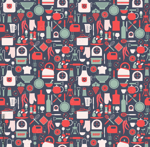 Seamless pattern of kitchen on blue
