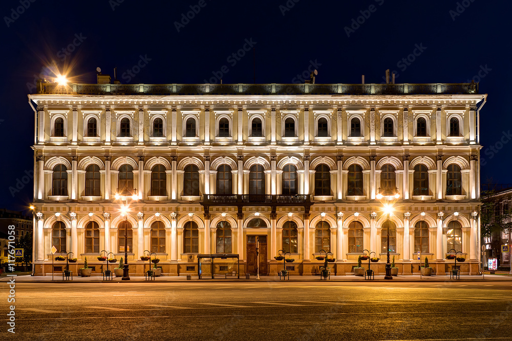 St. Petersburg, Russia - May 31, 2016: Night illuminated facade of building of N.I.Vavilov Institute of Plant Genetic Resourses front view.