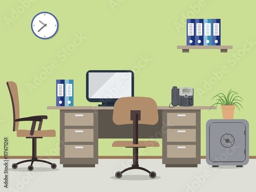 Wallpaper Mural Workplace of office worker. Vector flat illustration. There are the desktop, a chairs, a computer, a phone, a safe, folders and other objects on a green background in the picture  Torontodigital.ca