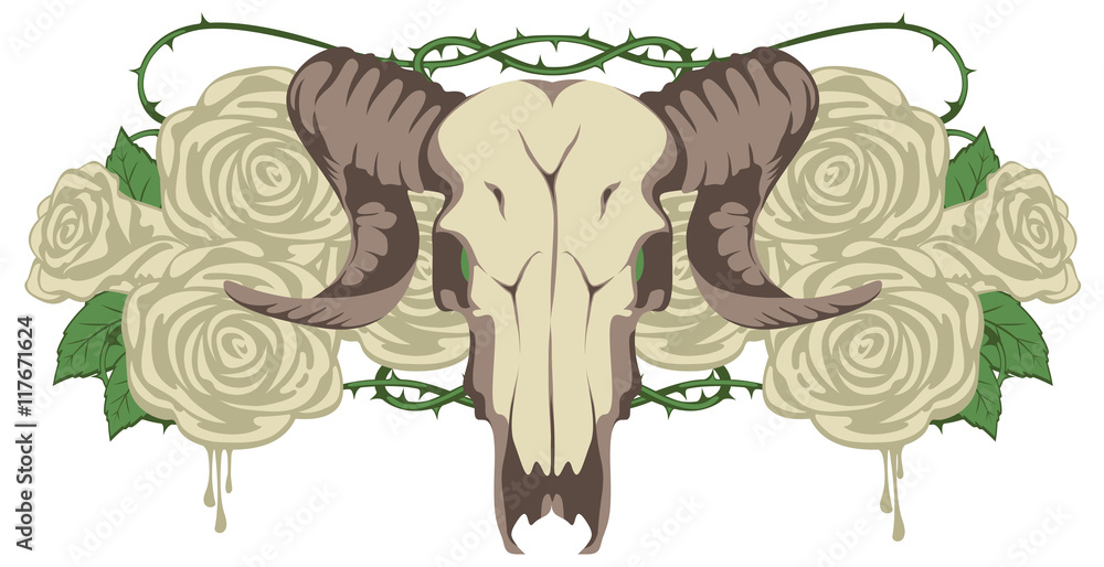 emblem with skull sheep and flowers roses emblem with skull sheep and flowers roses
