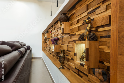 Fotografie, Obraz Cubist ornament shelves crafted in wood , closup