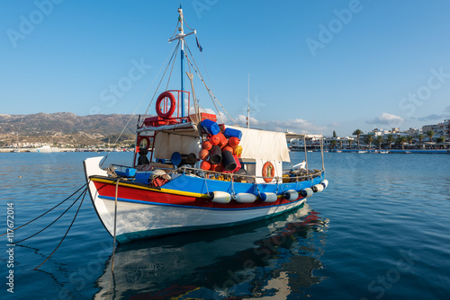 raditional Greek wooden fishing boat at port of Sitia town in eastern part of Crete island