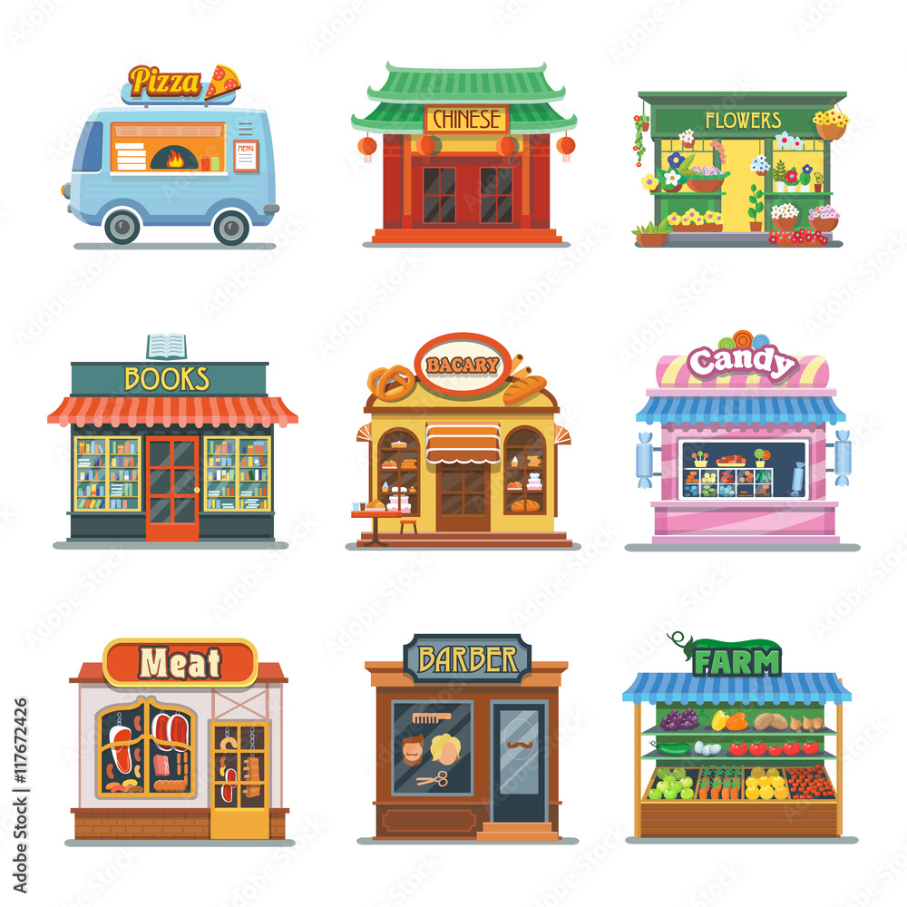 Set of nice showcases of shops. Pizza trailer, bakery, candy store, farm products, barbershop, meat shop, bookstore, chinese food, flower outlet. Flat vector illustration set.