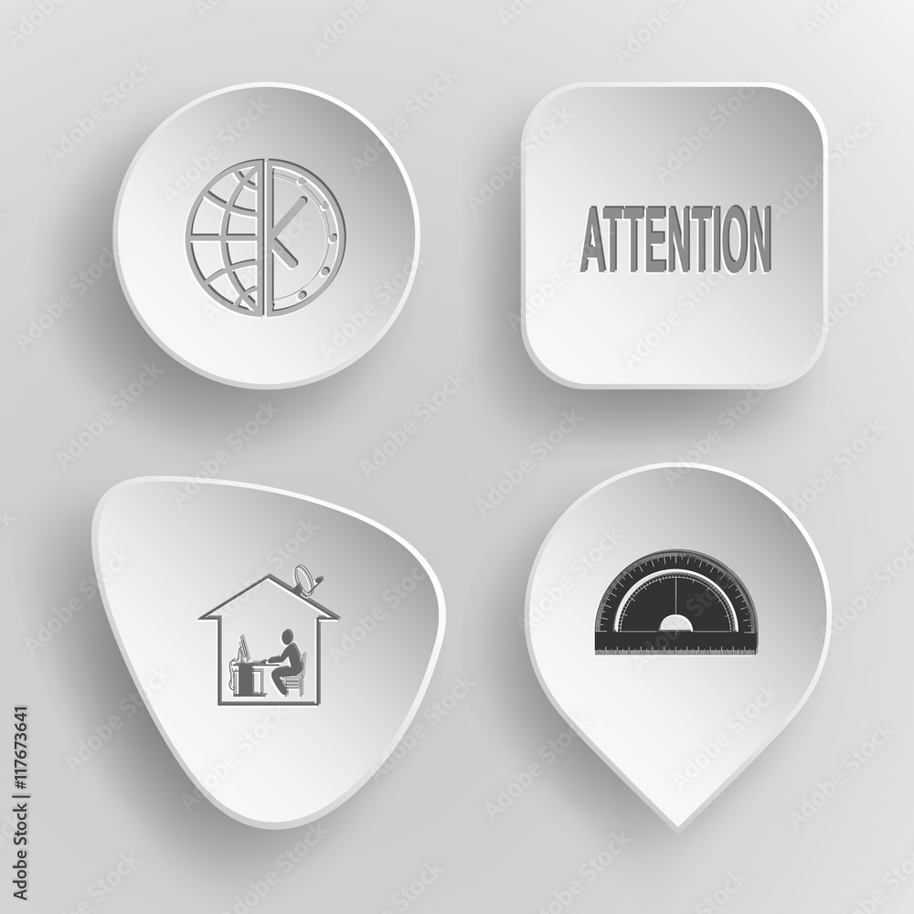 4 images: globe and clock, attention, home work, protractor. Edu 4 images: globe and clock, attention, home work, protractor. Edu