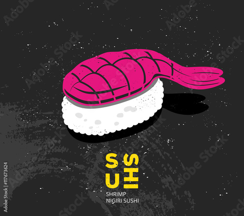 Vintage printable drawn sushi with shrimp. Vector japanese food print in pop art style. Design for t-shirt