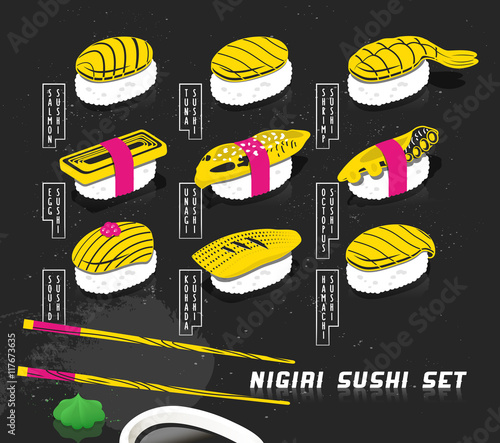 Vector illustration set of nigiri sushi in sketch style. Japanese food cover for menu. Printable art with chalkboard effect.