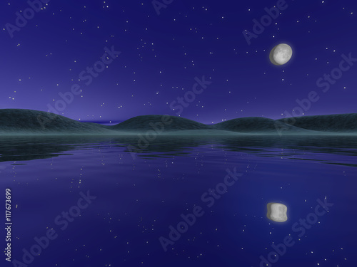Night landscape with lake and hills