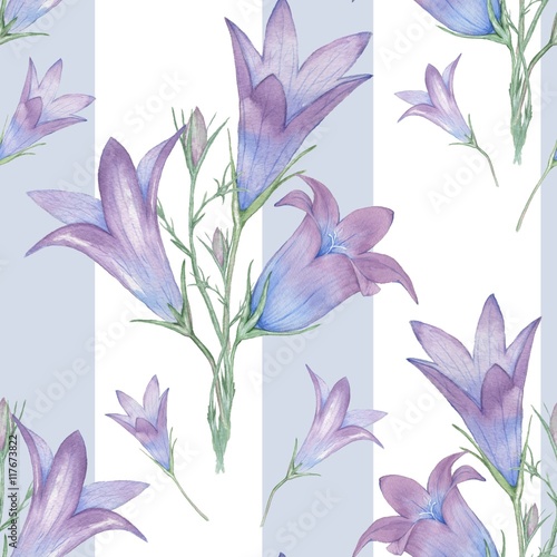 Fototapeta Naklejka Na Ścianę i Meble -  Seamless floral pattern with bells  and stripes. Watercolor painting. Hand drawing. Decorative element suitable for Wallpaper, wrapping paper and backgrounds
