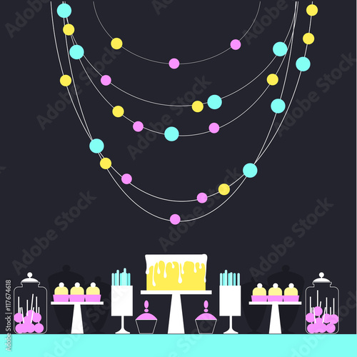 Candy Buffet with cake. Wedding dessert bar. Birthday sweet table. Vector illustration.