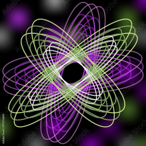 Green and purple line abstract shape on blurry black background with purple and green lights. Vector abstract element composed of ovals